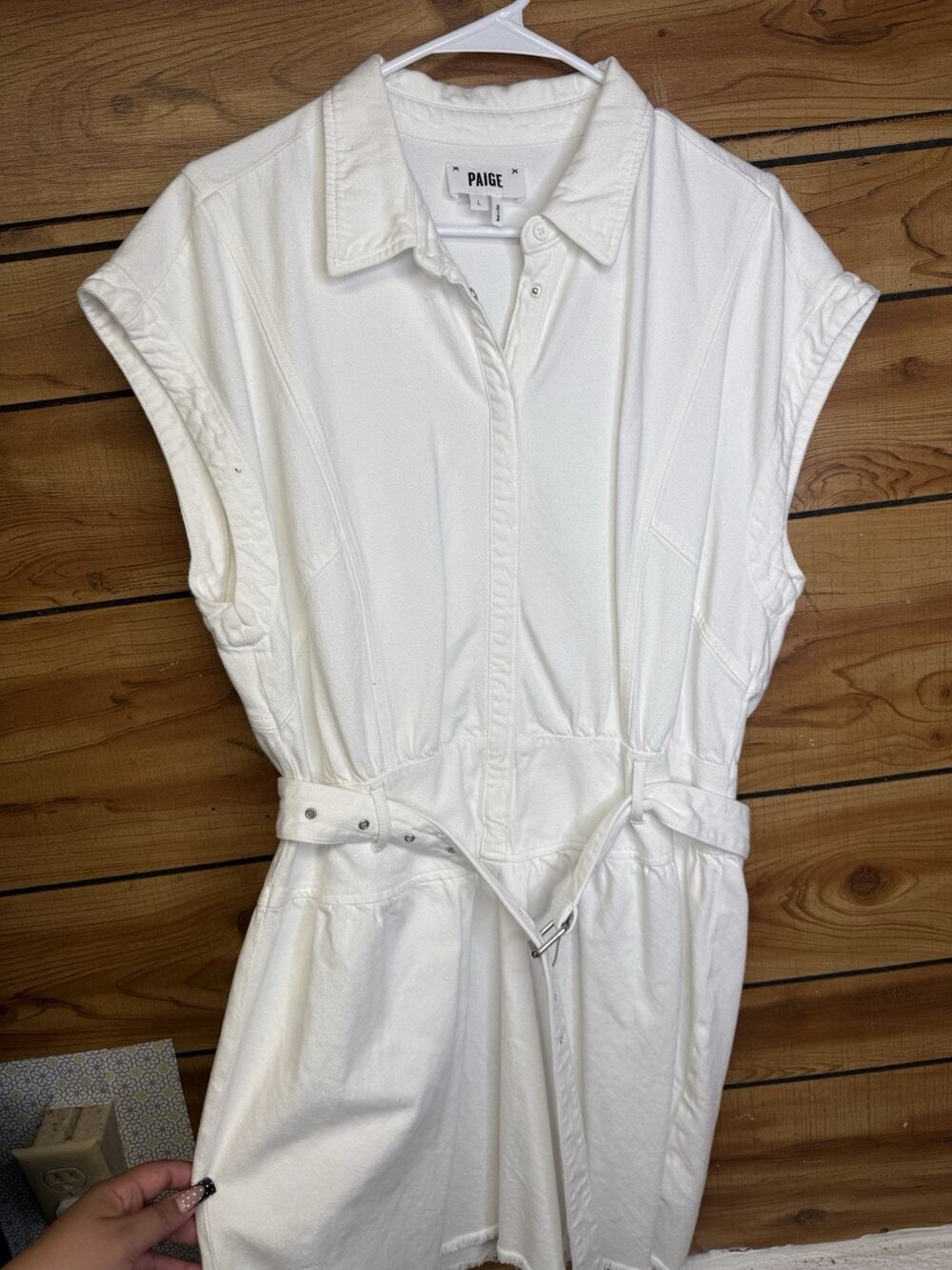 PAIGE White Denim Dress with Belt Size Large Cotton Blend Sleeveless Raw Hem
